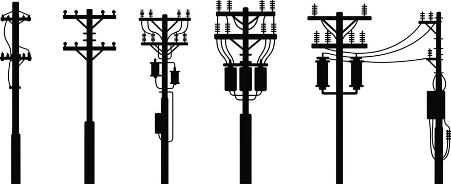 Collection of six distinct utility pole silhouettes with electrical components power line electricity