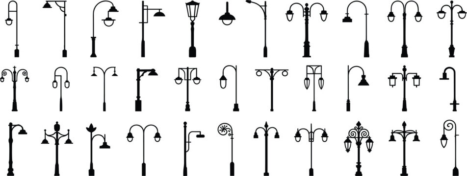 Decorative Street Lamp Post Icons Set Keywords: street light, lamp, lighting, urban, city, outdoor, public, decorative, vintage