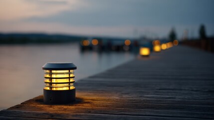 Medium shot of solarpowered pier lights glowing softly at dusk focused on the main lamp while the wooden pier and water blur in the background showcasing ecofriendly safety