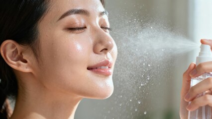 Young Asian woman closes her eyes while moisturizing facial spray refreshes her healthy, dewy skin.