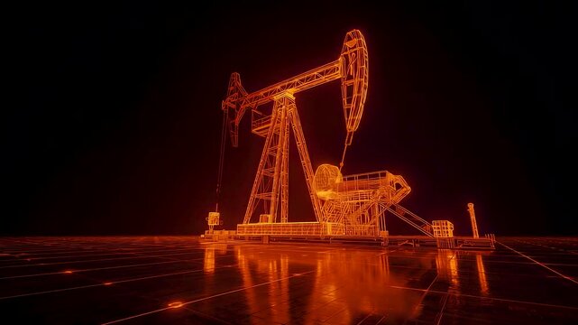 Glowing orange oil pump jack operating on reflective ground at night with digital grid surface highlighting modern energy industry machinery