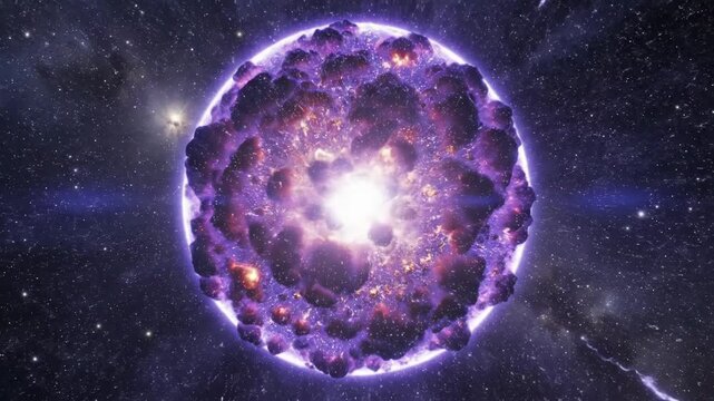 Massive explosion in space sequence. Purple energy burst expanding with bright rays. Cosmic supernova visual effect for sci-fi destruction scenes.