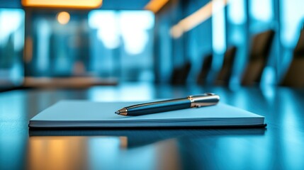 A sleek pen rests atop a pristine notepad on a polished conference table, creating a sense of anticipation and readiness for important discussions and agreements within a modern office setting