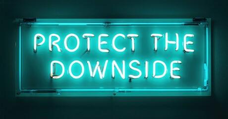 Bright neon sign displays text. Turquoise glow contrasts dark background. Rectangular frame surrounds message, simple design.