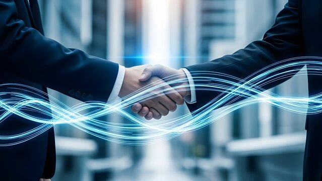 Business handshake with digital data waves. Concept of partnership and global networking. Two businessmen in suits shaking hands in a modern city with blue energy lines.