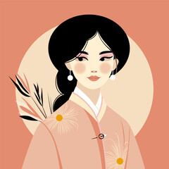 Japanese woman icon. Female Japanese culture. Vector avatar of  portrait japangirl. National kimono traditional costume.