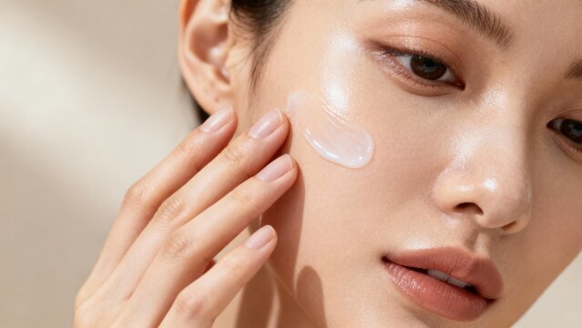 of young East Asian woman applying a swipe of translucent moisturizer gel on her smooth, healthy cheek skin.