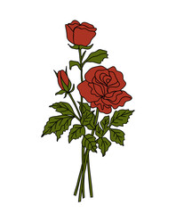 Simple line art illustration of red roses with green leaves on a white background in a clean minimalist botanical style.