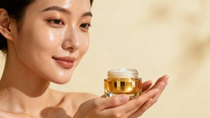 Fototapeta premium Smiling East Asian woman with healthy, glowing skin holding an open glass jar of luxurious facial moisturizing cream.