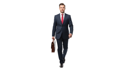 Businessman walking on transparent background with briefcase and confident stride