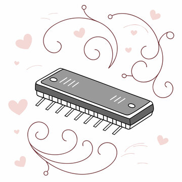Illustrated harmonica with decorative swirls