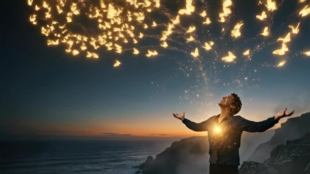 Silhouette figure releasing glowing butterflies over ocean cliff at sunset. Transition to cute white robot with big eyes standing in soft indoor light. Art house style emotion expression through