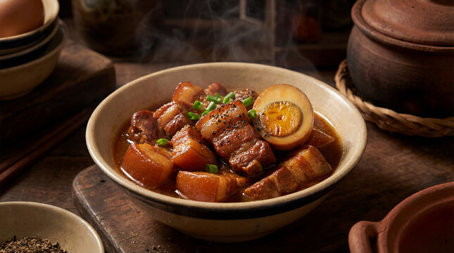 Steaming Bowl of Vietnamese Braised Pork Belly and Eggs, Thit Kho Tau, on a Wooden Table