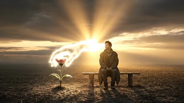 Lonely man sits on bench in desolate landscape as glowing robotic creatures emerge. Cute cat-like robots manifest joy and companionship in snowy scene. video footage video footage