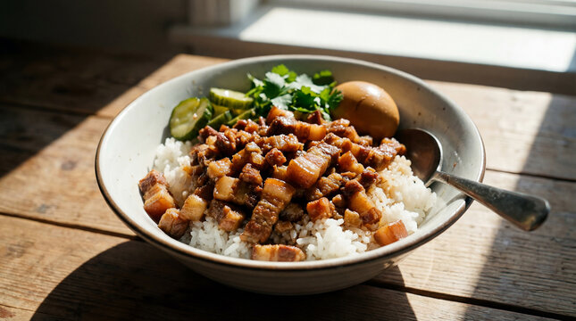 Taiwanese Braised Pork Rice (Lu Rou Fan) Served in a Bowl on a Rustic Wooden Table