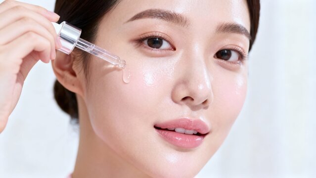 Gorgeous young woman applying moisturizing clear skin serum using a glass pipette dropper onto her glossy cheek.