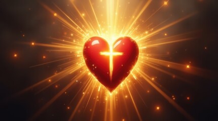 Sacred heart of jesus with golden cross emitting light rays 
