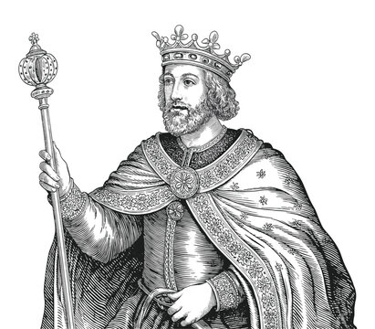 Vintage monarch king vector illustration wearing crown and royal ermine fur cape