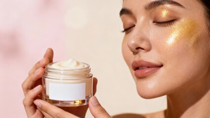 Beautiful young woman holds clear glass jar containing thick beige skin cream while striking a relaxed pose with golden glitter applied to her cheek.