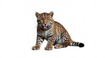 Obraz premium A leopard with bright orange and black spots and a piercing green gaze, on a white background. Perfect for fashion, luxury brands, or nature-inspired designs