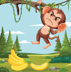 Angry Monkey Hanging From Tree Over Bananas