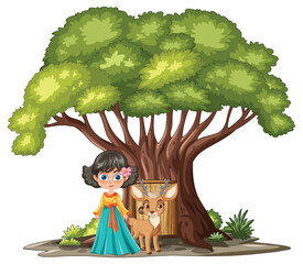 Girl and Deer Standing Under Large Green Tree