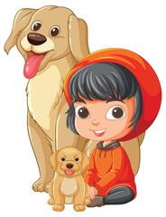 Child in Red Hoodie with Two Golden Dogs