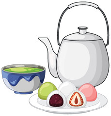 Japanese Tea Set with Matcha and Mochi Sweets