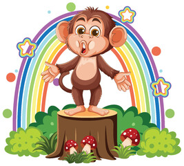 Cartoon Monkey Singing on Tree Stump with Rainbow