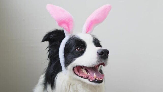 Happy Easter concept. Preparation for holiday. Cute funny puppy dog border collie wearing Easter bunny ears isolated on white background. Spring greeting dog