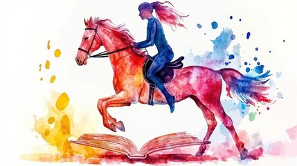 Watercolor painting of a rider on a horse over book