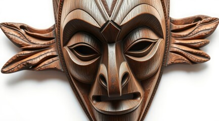 Traditional African handmade mask made of wood on a white background. A symbol of spirituality and ancient cultures. Suitable for art projects, advertising, and educational purposes