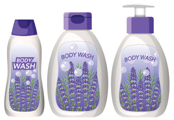 Lavender Body Wash Bottles Vector Illustration Set