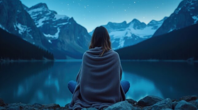 Woman wrapped blanket facing starlit mountain lake, quiet predawn atmosphere, snow-dusted peaks, glassy reflection, cool blue tones, cozy texture, contemplative solitude, slow travel vibe