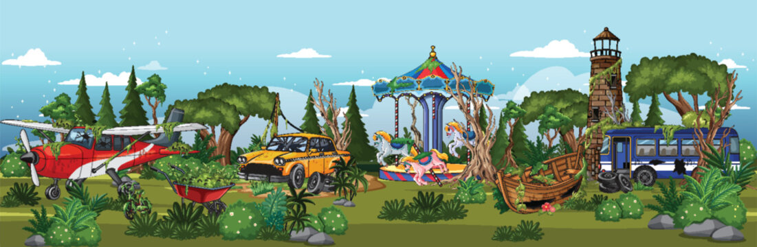 Overgrown Amusement Park With Abandoned Vehicles and Carousel