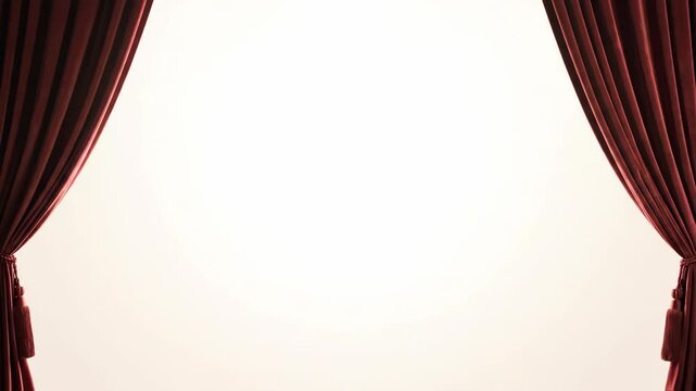 Red velvet curtains opening on a stage. Theatrical reveal of a bright white background. Copy space for text or product presentation