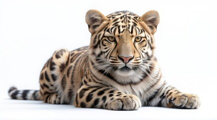 Obraz premium A leopard with bright orange and black spots and a piercing green gaze, on a white background. Perfect for fashion, luxury brands, or nature-inspired designs