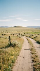 Fototapeta premium Dirt road winds through a vast rural landscape with distant rolling hills and a clear blue sky, evoking a sense of peaceful journey.