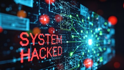Digital interface displaying the message 'SYSTEM HACKED' with vibrant data streams and network connections, illustrating the concept of cybercrime and the threat of telephone scammers