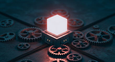 A futuristic glowing cube center stage, encircled by intricate metallic gears, showcasing innovation and technological progress, evoking a sense of mystery and complex systems.