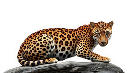 Fototapeta premium A leopard with bright orange and black spots and a piercing green gaze, on a white background. Perfect for fashion, luxury brands, or nature-inspired designs