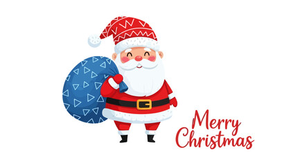 A cheerful cartoon illustration of Santa Claus carrying a large blue gift bag, with the words "Merry Christmas" written in red script.