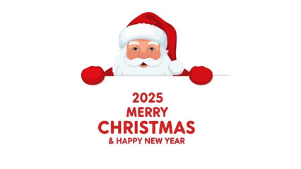 A festive illustration of Santa Claus peeking over a white banner wishing a Merry Christmas and Happy New Year for 2025.