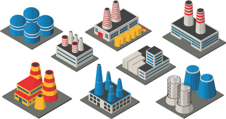 Obraz premium Isometric industrial factory illustration set featuring power plants, manufacturing buildings, chimneys, tanks and infrastructure, modern industry and energy production concept