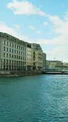 Picturesque aerial view from lake Geneva of Swiss town