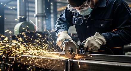 industrial scene of a factory worker wearing a protective mask and safety goggles while operating an angle grinder.
