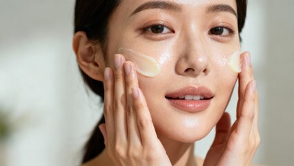 Young East Asian woman applies thick moisturizing balm to her glowing cheeks using both hands in a bright   shot.