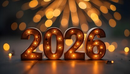 2026 New Year Celebration - Wooden Number Blocks And Golden Fireworks At Eve Night With Abstract Defocused Lights