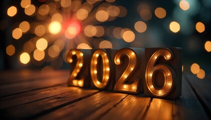 2026 New Year Celebration - Wooden Number Blocks And Golden Fireworks At Eve Night With Abstract Defocused Lights