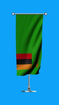 Realistic Standing Vertical  Wavy Flag Banner of ZAMBIA on Metallic Pole with Loop Animation